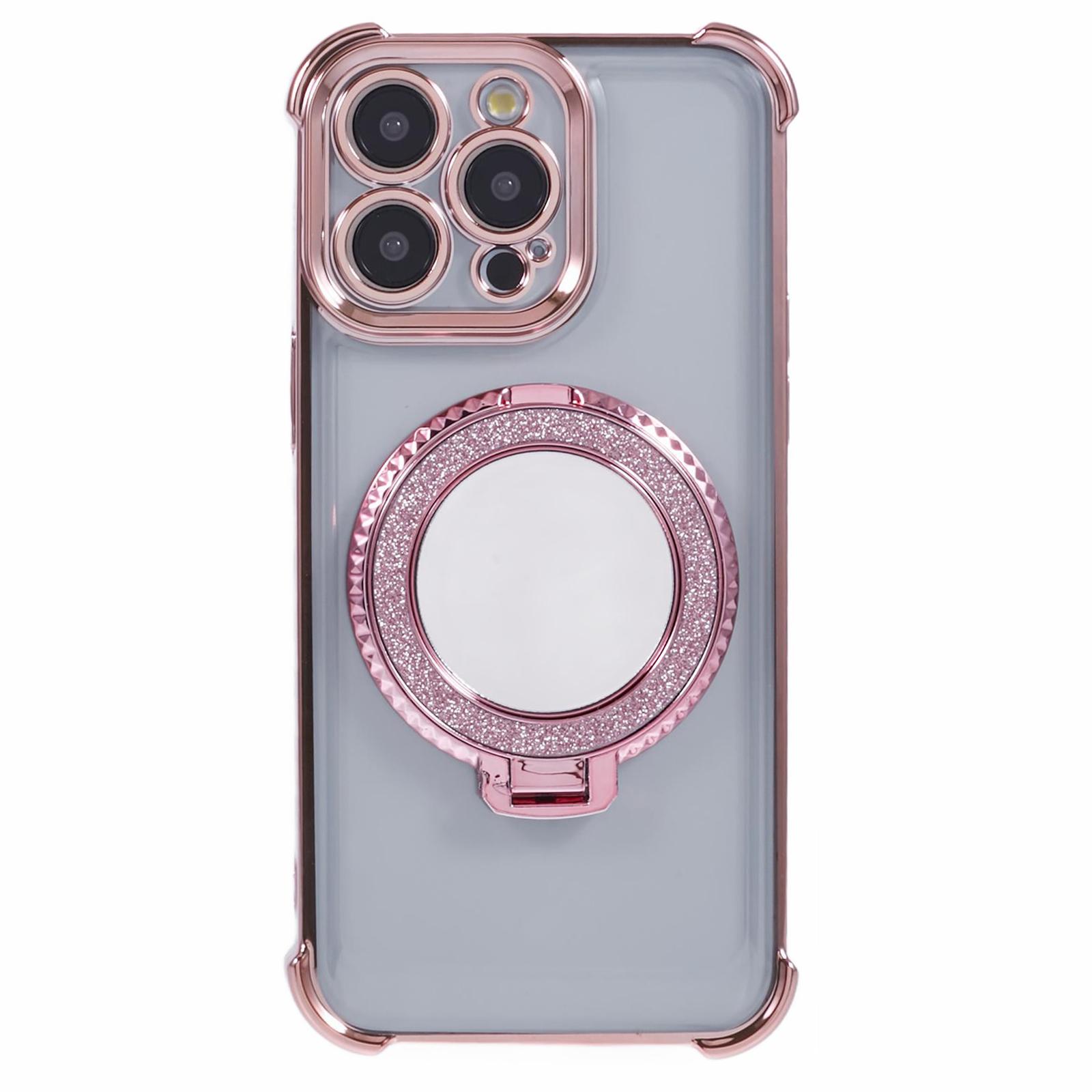 

For iPhone 14 Pro Max Side Heart Pattern Case Kickstand TPU Phone Cover with Mirror D
