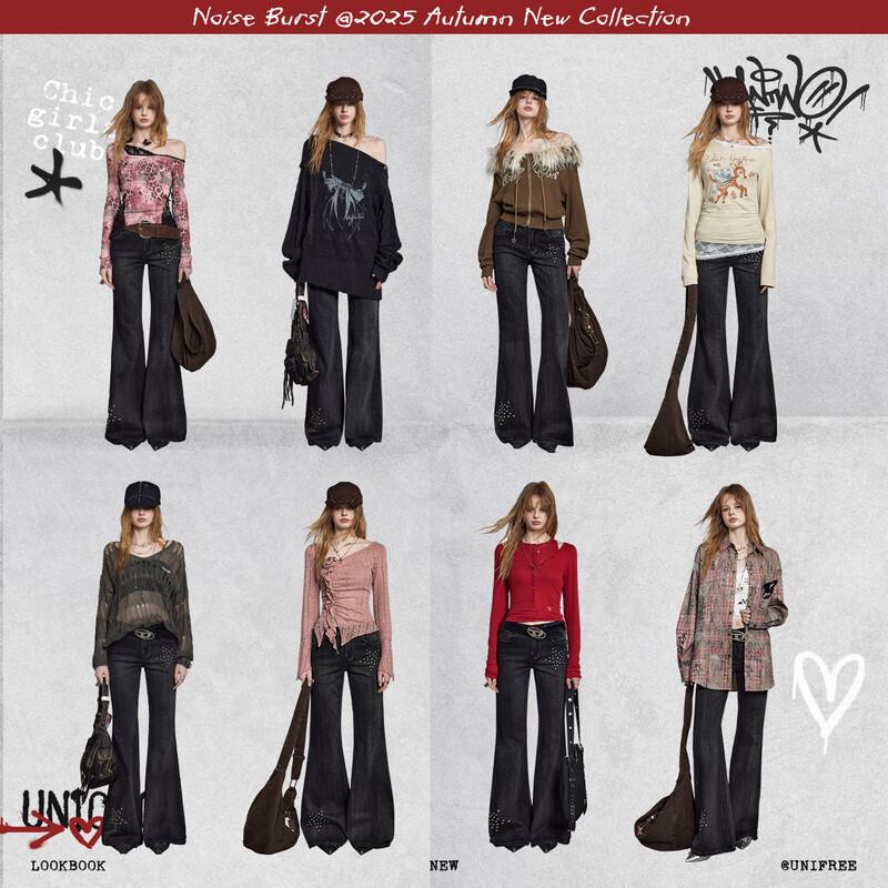 UNIFREE American Retro Riveted Low-Rise Micro-Flare Jeans