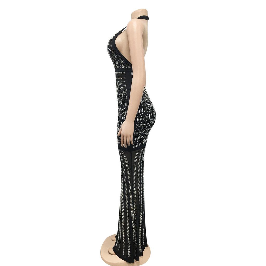 X3816 European Fashion Sexy Deep V Backless Rhinestone Long Nightclub Dress