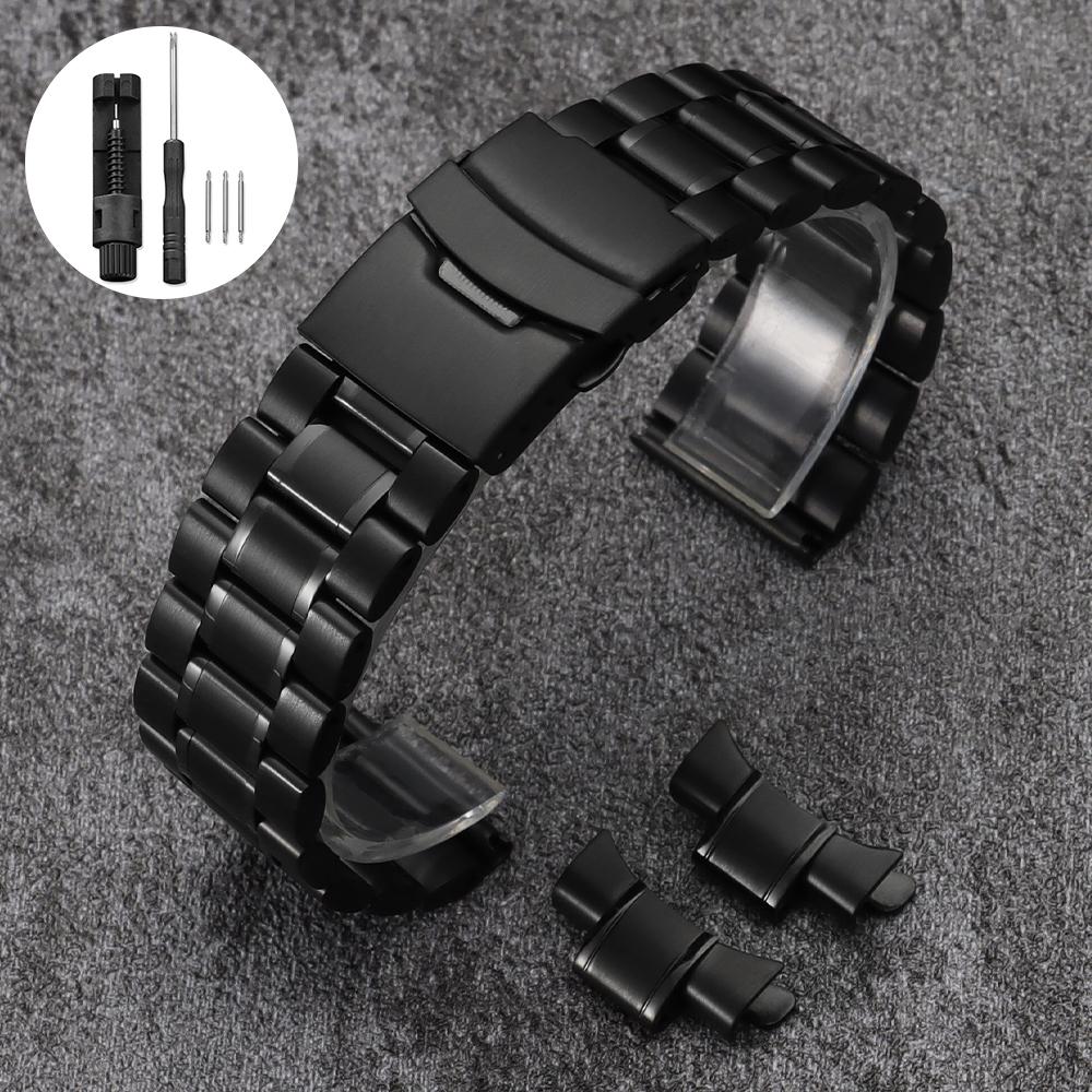 Solid Stainless Steel Watch Strap 18/20/22/24mm Silver Metal Curved End Double Press Folding Buckle Bracelet WatchBand for Seiko