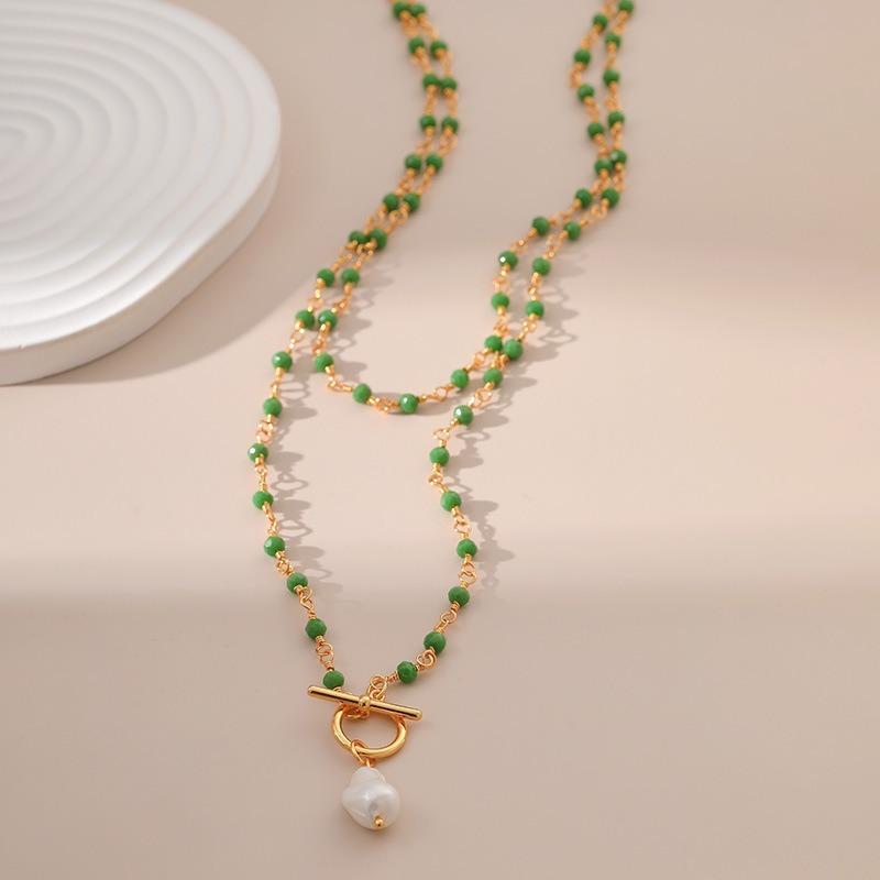 Women Multi Layer Green Bead 18k Gold Plated Irregular Pearl Pendant Necklace