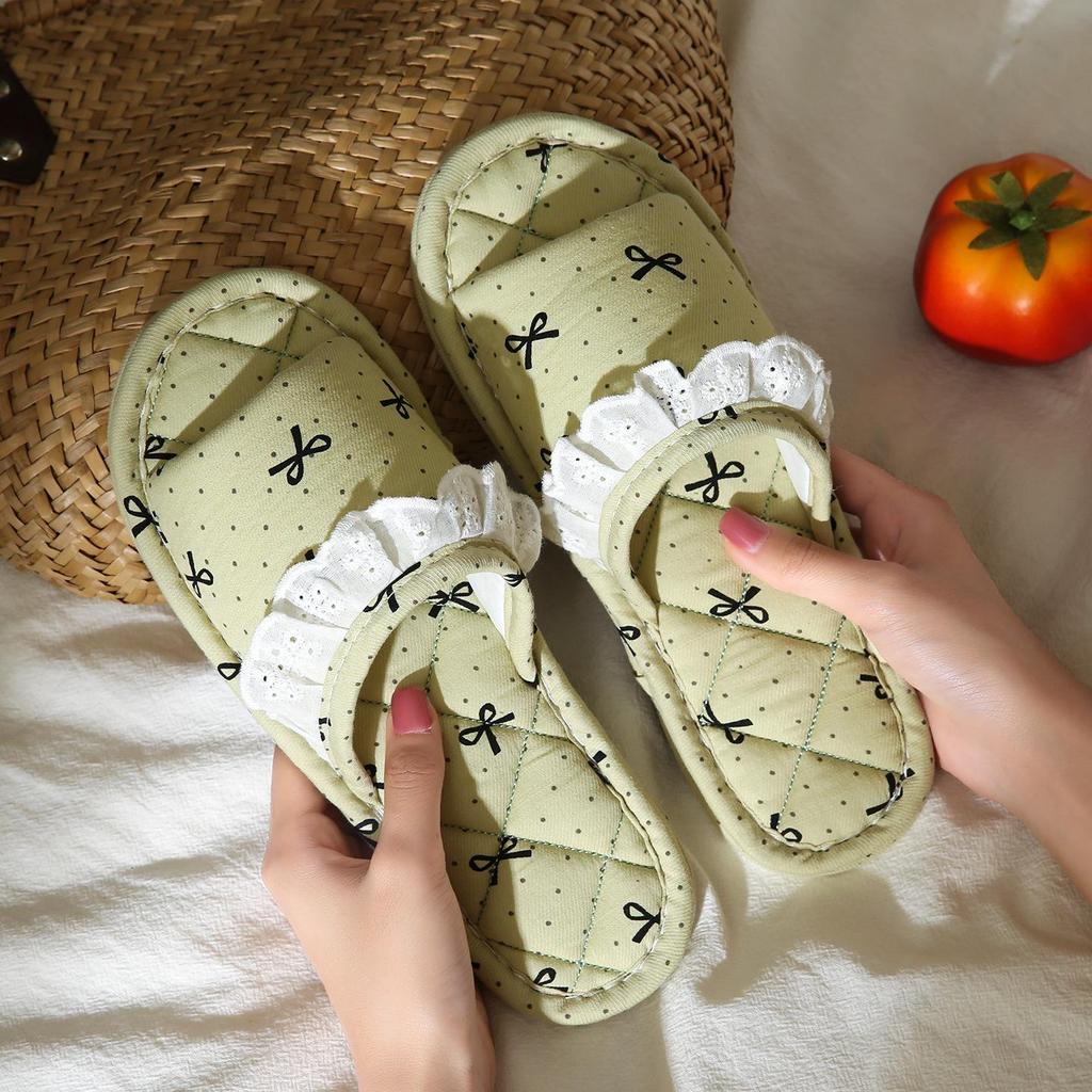 Korean Style Handmade Cotton Bow Soft Sole Indoor Slippers