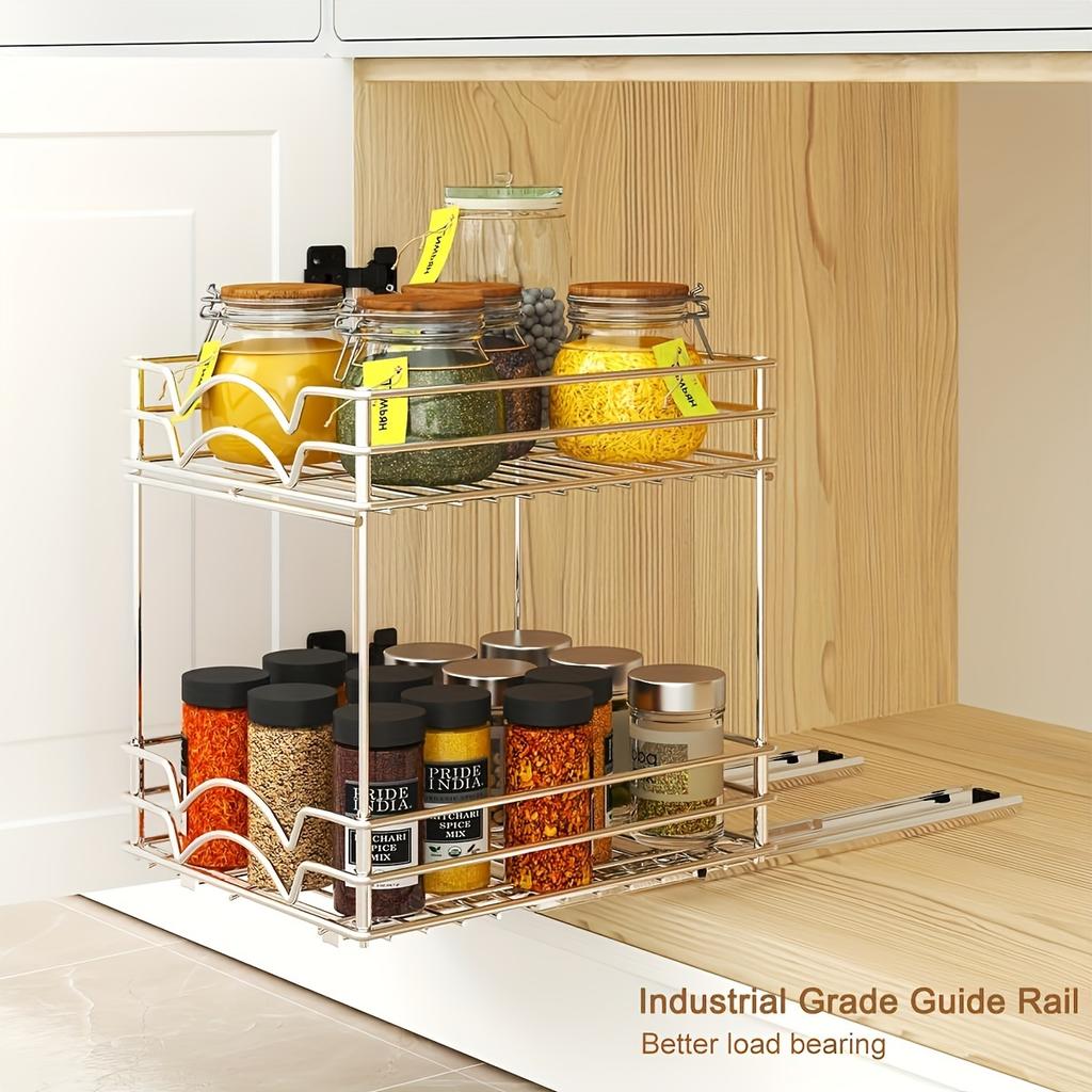 1pc Pull Out Cabinet Spice Rack Organiser, Pull Out Kitchen Spice Shelf Organiser, 2 Tier Cabinet Organiser, Under Sink Organiser