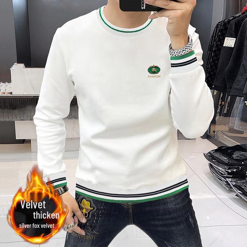 High-End European Men's Trendy Hooded Sweatshirt - Round Neck, Long Sleeve, Velvet Lined for Autumn/Winter