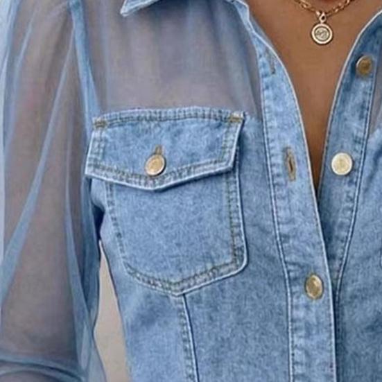 Dame Skjorte Gjennomsiktig Mesh Lappeteppe Kald Skulder Langermet Denim Topper Krage Knapper Stolpe Skjorte Country Konsert Klær