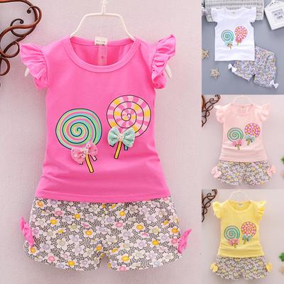 Conjunto de 2 peças para meninas com estampa floral manga voadora de algodão com gola redonda camiseta fofa para uso diário