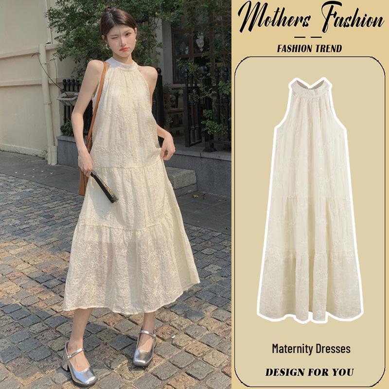 2026 Trendy Off-Shoulder Lace Halter Maternity Midi Dress - Slimming & Stylish L
