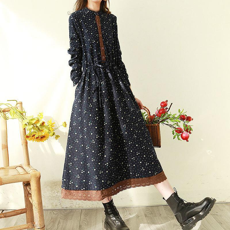 2025 Autumn Vintage Floral Cotton Linen Dress - Fashionable, Plus Size, Loose & Slimming