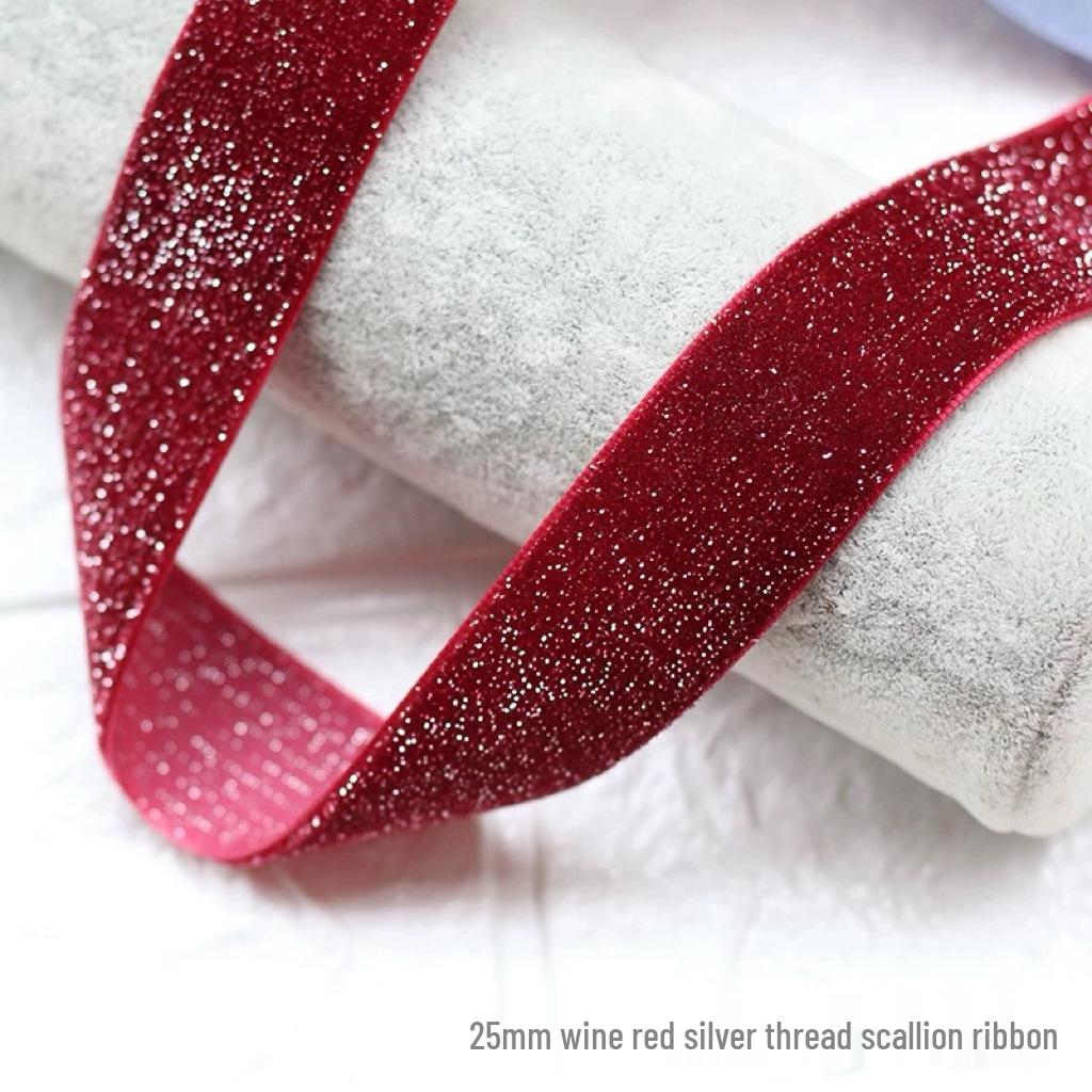 Green Velvet Ribbon with Gold & Silver Glitter Thread for DIY Hair Accessories