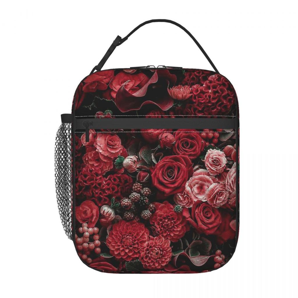 Red Rose Floral Design Insulated Lunch Bag for Women Kids Portable Food Boxes Thermal Lunch Box Tote