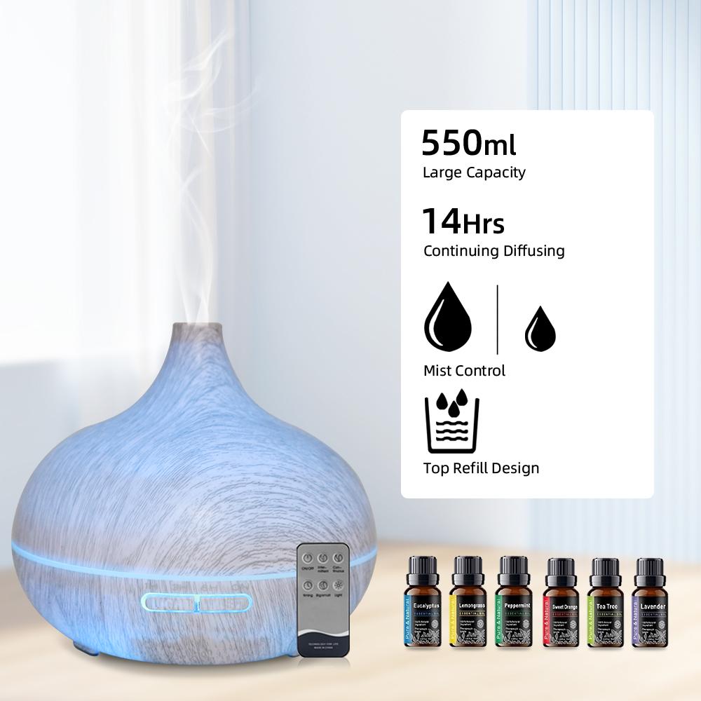550ml Wood Grain Diffuser & Humidifier  Remote Control, Ultra Quiet, 6 Oils  Perfect for Bedroom, Office & Home Wellness