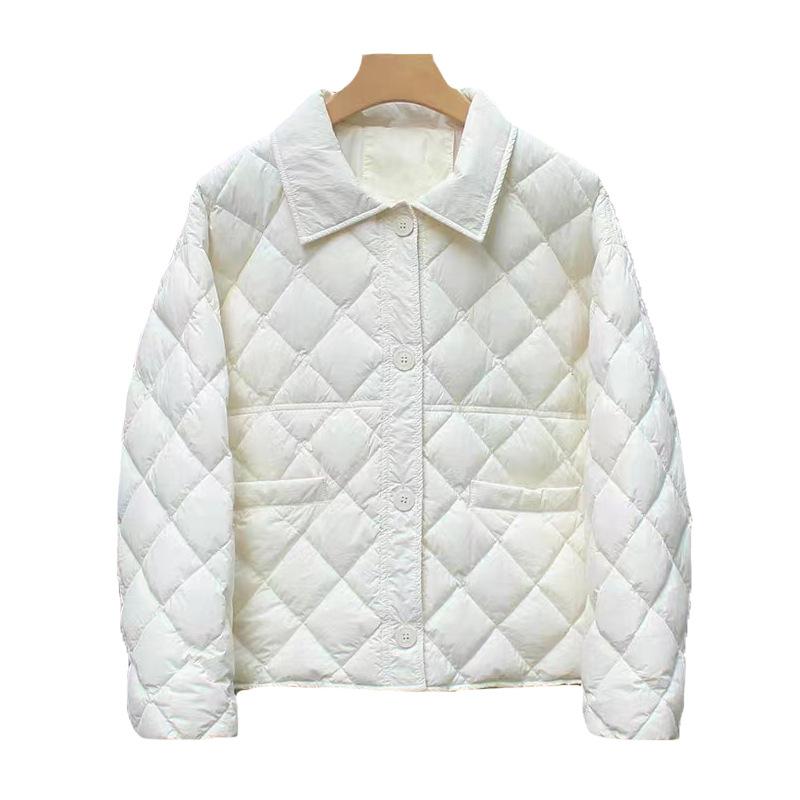 High-end White Duck Down Rhombus Down Jacket Women's Short 2024 Winter New Fashion Lapel Lightweight Shirt Collar Warm Outside