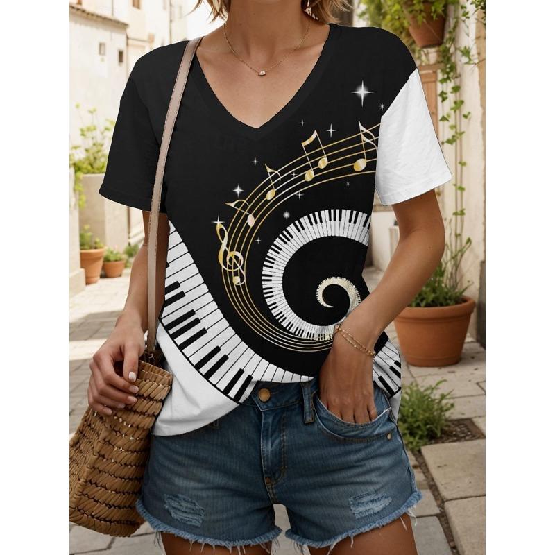 Fashionable New Casual Women's Clothing Color Pattern 3D Printed V-neck T-shirt Daily Loose Women's Short Sleeved T-shirt