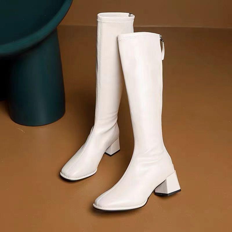 Fashion Spring Autumn Elegant Heeled Square Toe Leather Women's Long Boots Demi-season Gothic Trend 2025 Pu Ladies Knee High Shaft Shoes