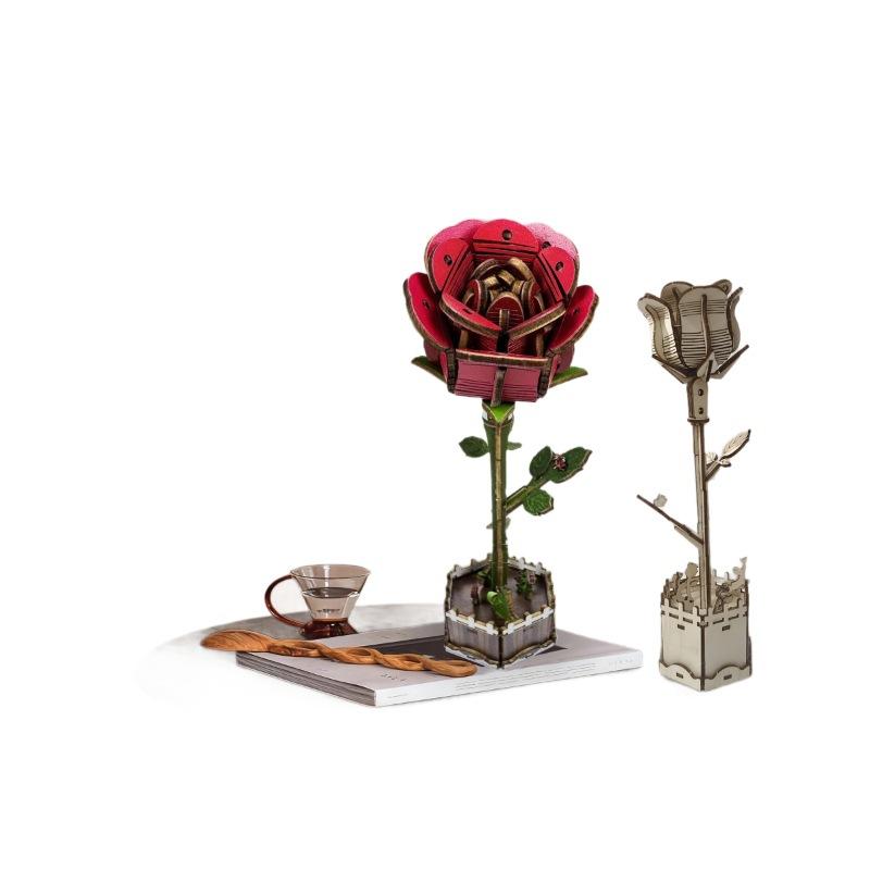 Wacocetoy Cross-Border Red Rose Puzzle 3D Wooden Diy Coloring Toy 2-In-1 Set Ornament Puzzle