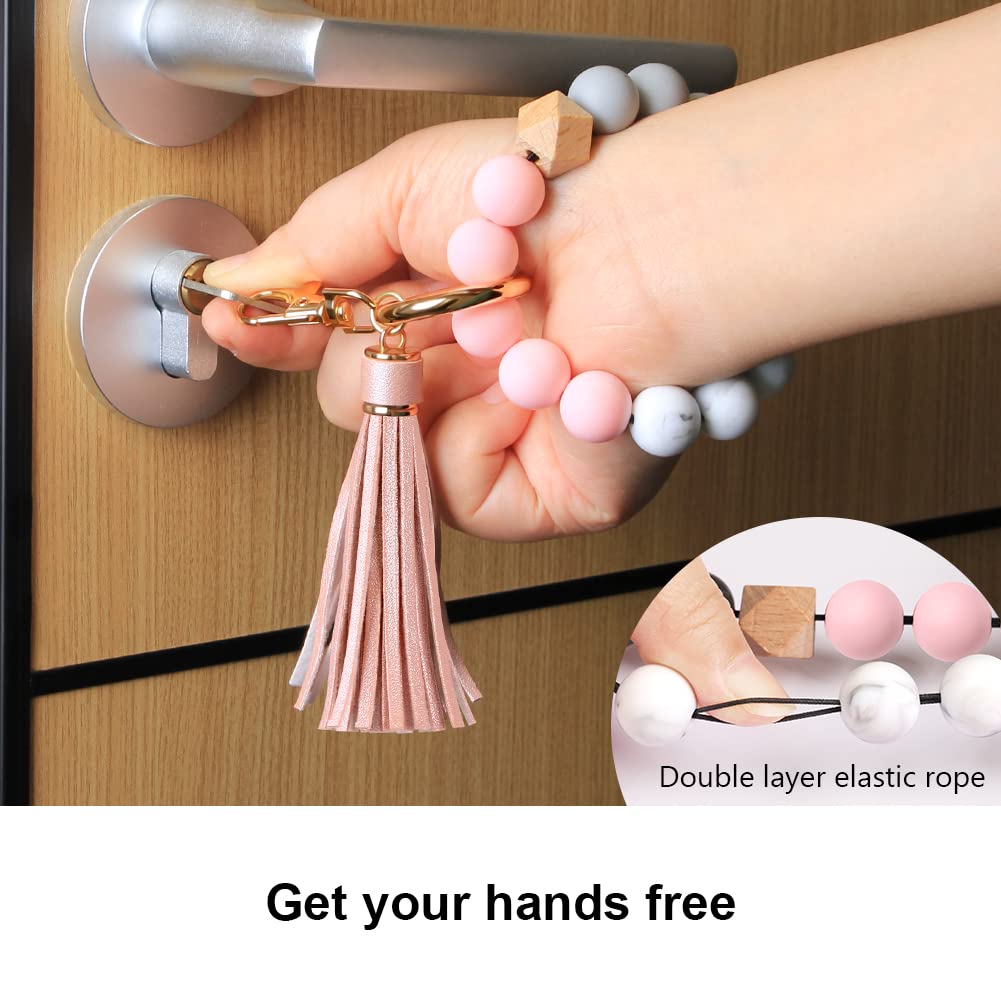 UpUDo Keychain Bracelet Wristlet, Silicone Beaded Key Ring Bracelet with Card Wallet, Elastic Key Ring Bangle for Women, Rose Gold, Large