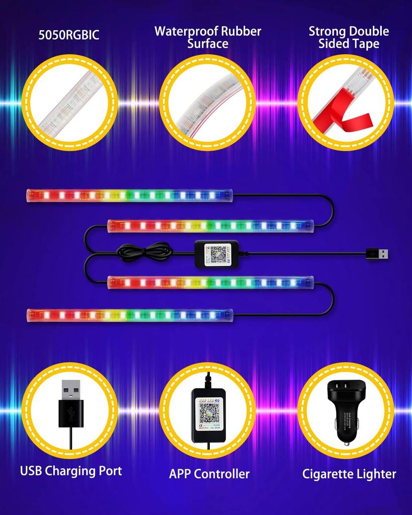 Car LED Strip Ambient RGB Full for Interior Ambient Ambient Remote App Timer Music USB Cigarette Lighter Dual Power 12V 48SMD Light, Footlight, Light,