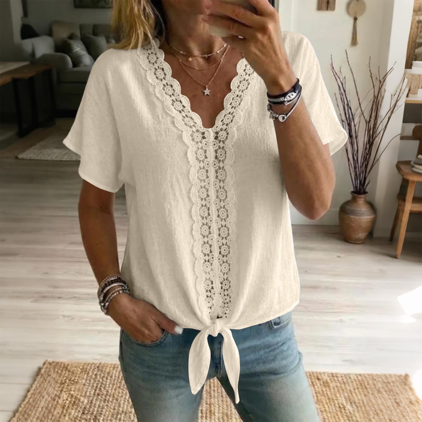 

Women s V-neck Short-sleeved Lace-trimmed Cotton And Linen Top L бежевый