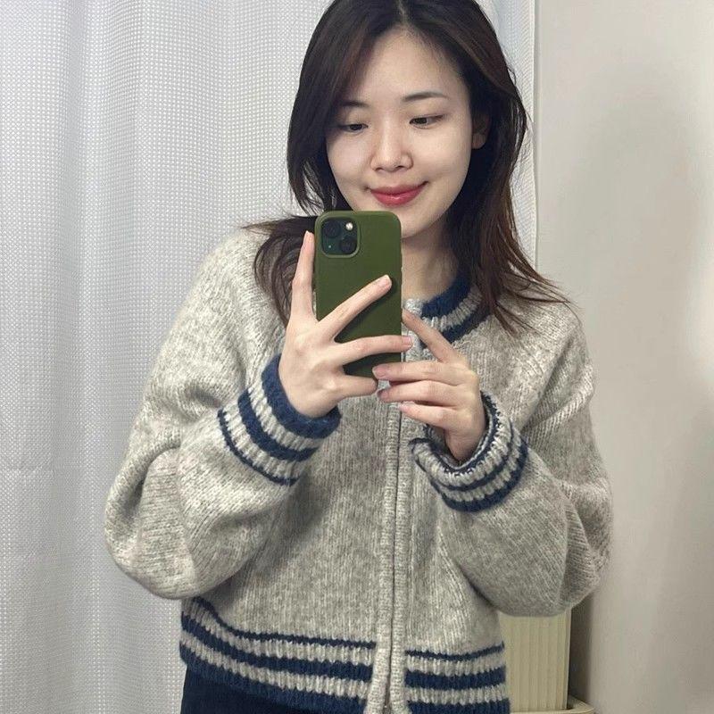 Women's Short Loose Crew Neck Cardigan Sweater Autumn & Winter Versatile Lazy Knit Stripe Zipper Jacket Top