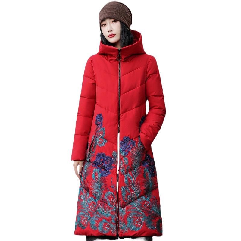 Embroidered Long Large-size Cotton Coat for Women New Winter Korean Style Slim and Thickened Down Cotton Coat Over Knee Cotton