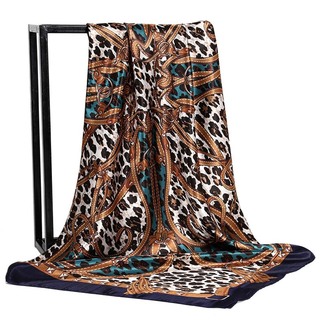 Retro leopard print two-color 91 imitation silk square scarf, female foreign high-end shawl temperament silk scarf