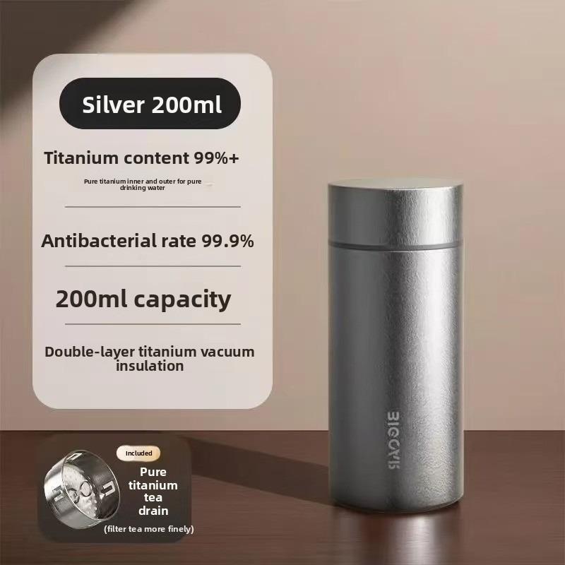 Silver Pure Titanium Thermos with Fine Pure Titanium Tea Strainer, 200ml Portable Version, Antibacterial and Fresh-keeping, 101-200ml