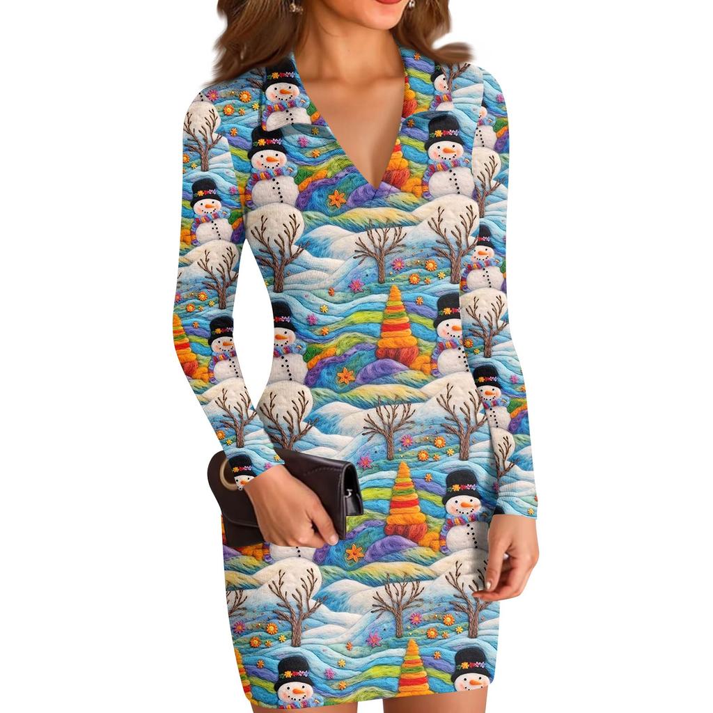Women's V-neck Casual Print Long-sleeved Fitted Dress