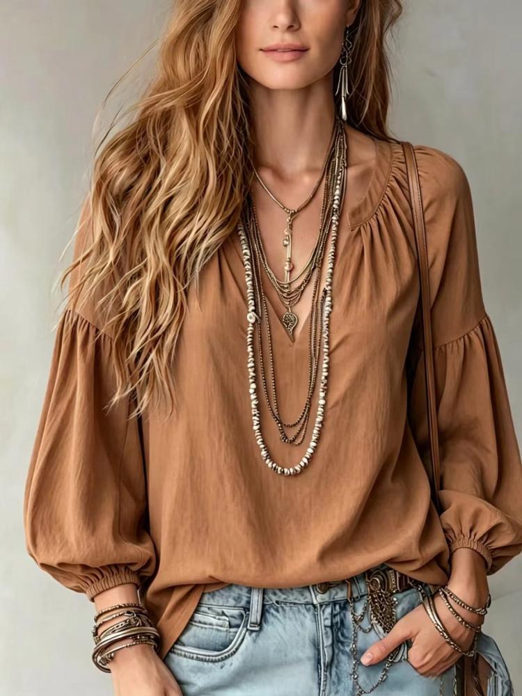 Women Solid Color V Neck Lantern Sleeve Blouse Casual Loose Fit Long Sleeve Top