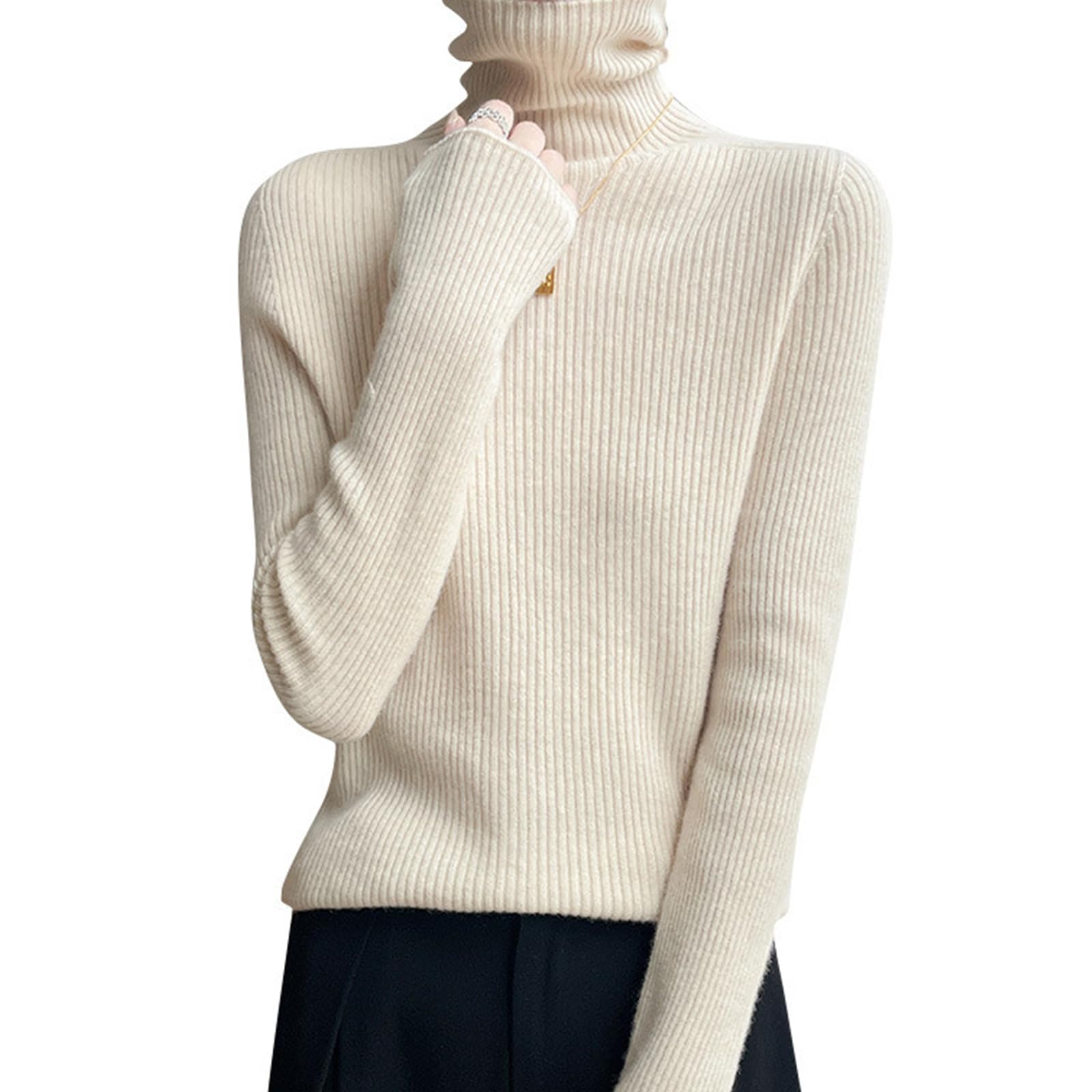 

Jinghuiyue Turtleneck Rib Knit Long Highly Solid Perfect for Everyday Women s Sweater, Sleeve, Stretchy, Color, Innerwear, Work, Wear, Autumn/Winter бежевий