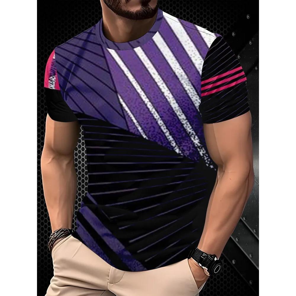 Fashionable Casual Comfortable Breathable Short Sleeved Round Neck T-shirt Summer Large Loose Creative Stripe Geometry 3D Printed Men's T-shirt