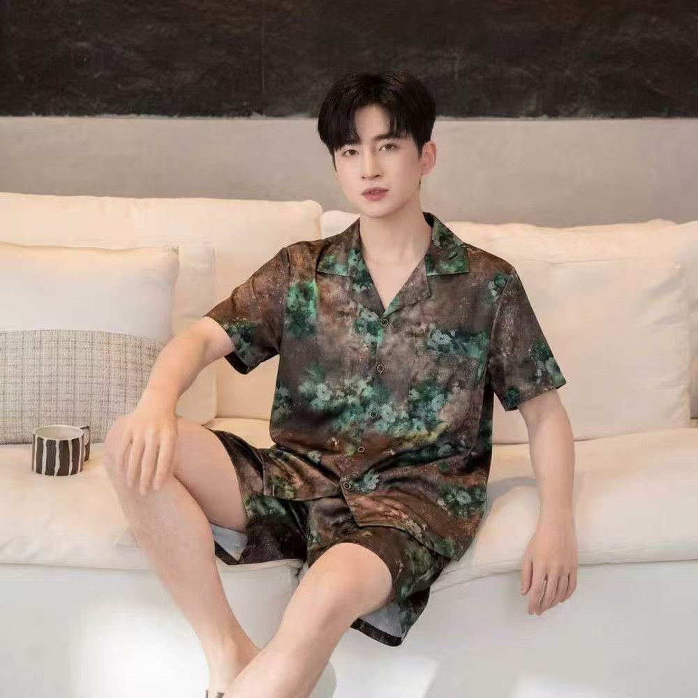 1011 New Men's Ice Silk Pajamas Printed Short Sleeve Shorts Two-piece Set, Large Size Loose
