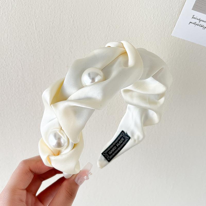 Solid Color Fabric Pleated Pearl Hairband Female Korean Elegant Style Temperament Outdoor Fashion Girls Hair Accessories