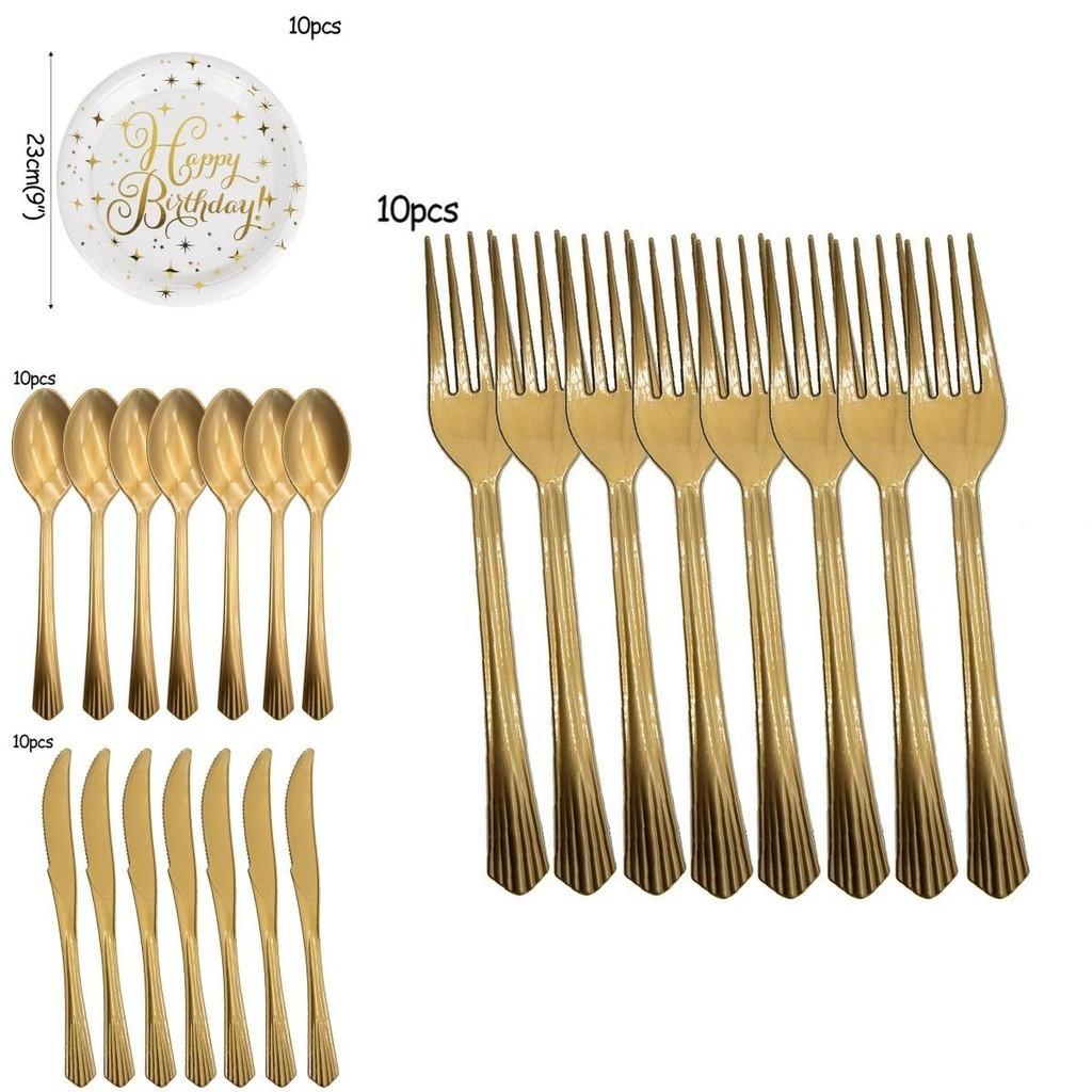 Elegant Gold Polka Dot Stamping Happy Birthday Party Decor Supplies Disposable Tableware Set