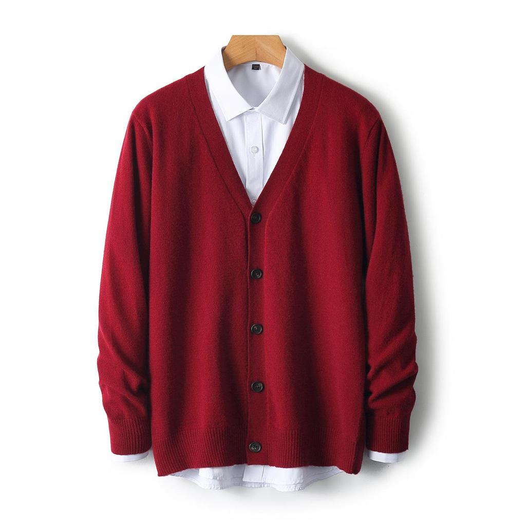 Men's V-neck Wool Cardigan: Autumn/Winter Business Casual Solid Color Long Sleeve, Warm Loose Knit Outerwear.