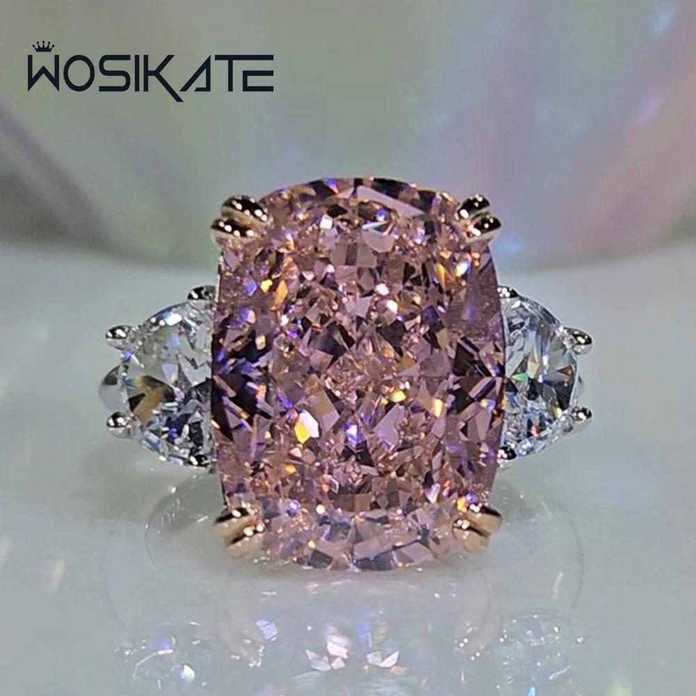 Wosikate Luxury Square High Carbon Diamond Ring For Women Copper Fashion Jewellery Cherry Blossom Pink Zirconia Finger Ring