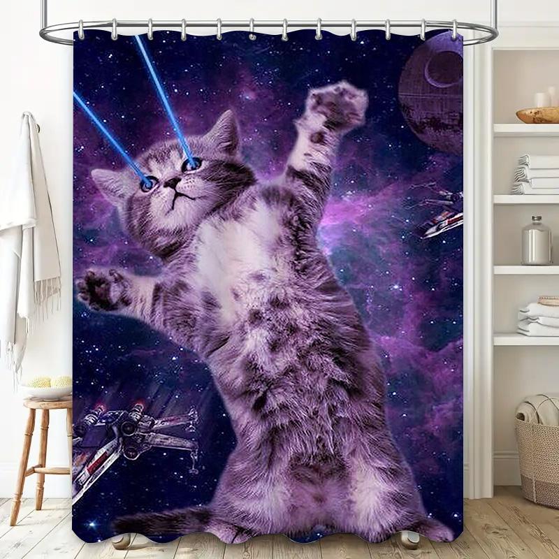 Space Cat With Laser Eyes Waterproof Shower Curtain Heat Resistant Machine Washable Non-Transparent 180X180Cm