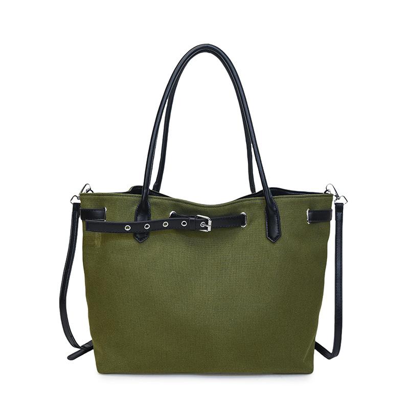 Simple canvas tote bag large capacity belt buckle lazy style casual splicing contrasting color portable shoulder bag