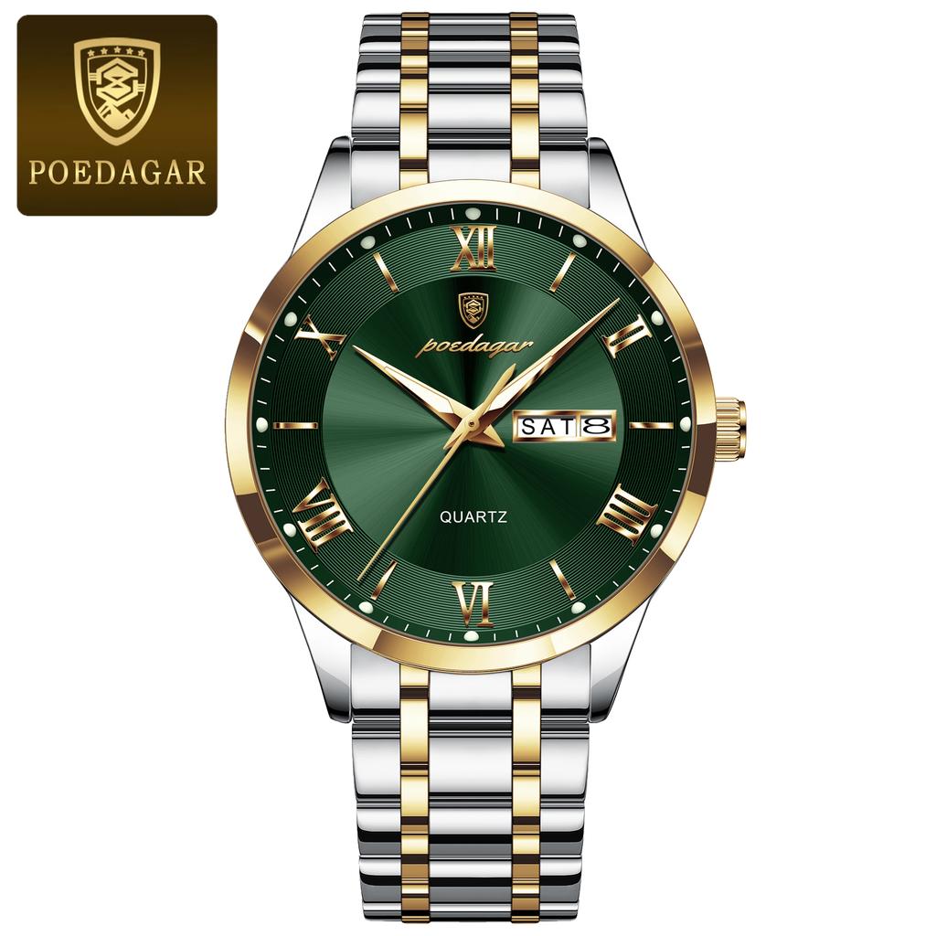 POEDAGAR Luxury Fashion Men Clock Waterproof Luminous Week Date Sports Wristwatch Stainless Steel Quartz Watches Reloj