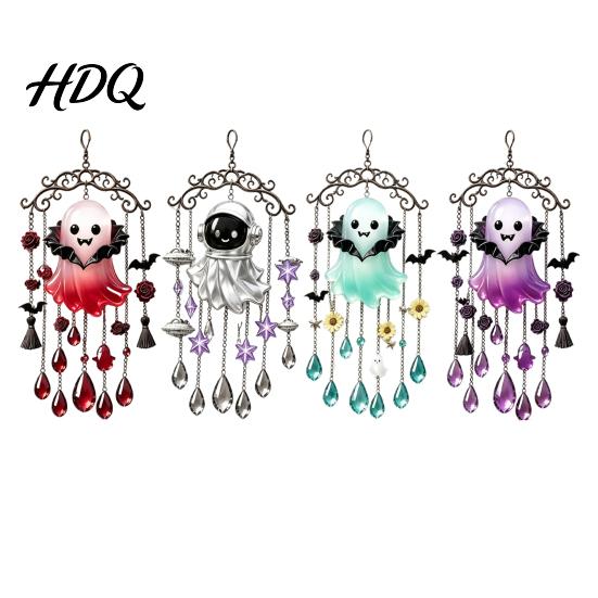 Holiday Wind Chime Halloween Ghost Decoration Vintage Sun Catcher with Faux Crystal Decorative Tassel Ornament Drops Tassels Acrylic Hanging