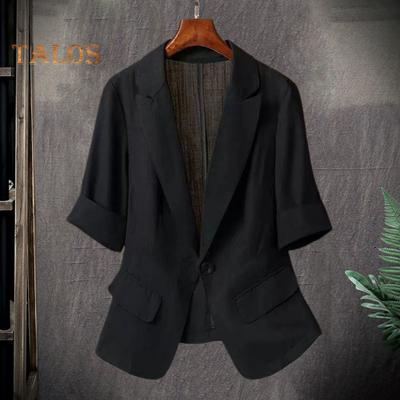 Damen Blazer mit Revers und Knopfleiste, einfarbig, lässig, lockerer Mantel, Dreiviertelärmel, dünnes Sommeranzugoberteil für das Pendeln im Büro