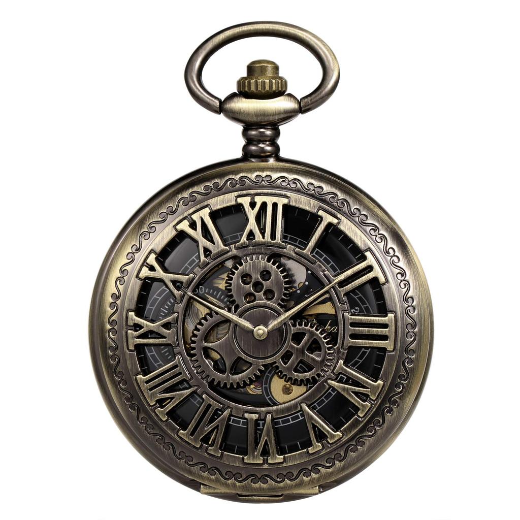 TREEWETO Skeleton Manual Winding Mechanical Double Case Roman Numerals Antique with Fob Chain Box Bronze