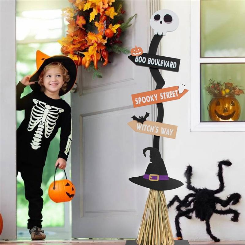 HHO-For Halloween Home Outdoor Decoration Witch Broom Spooky Glowing Props For Holiday Party Garden Yard Glowing Decorative