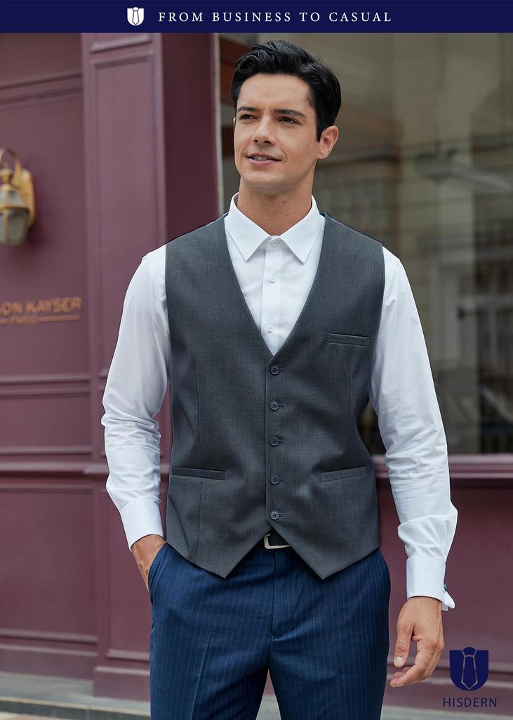 HISDERN Suit Vest with Pockets and Shiny Slim for Formal and Business Men's Buckle, Fit, Wear, Weddings, (Gray/M) V-01