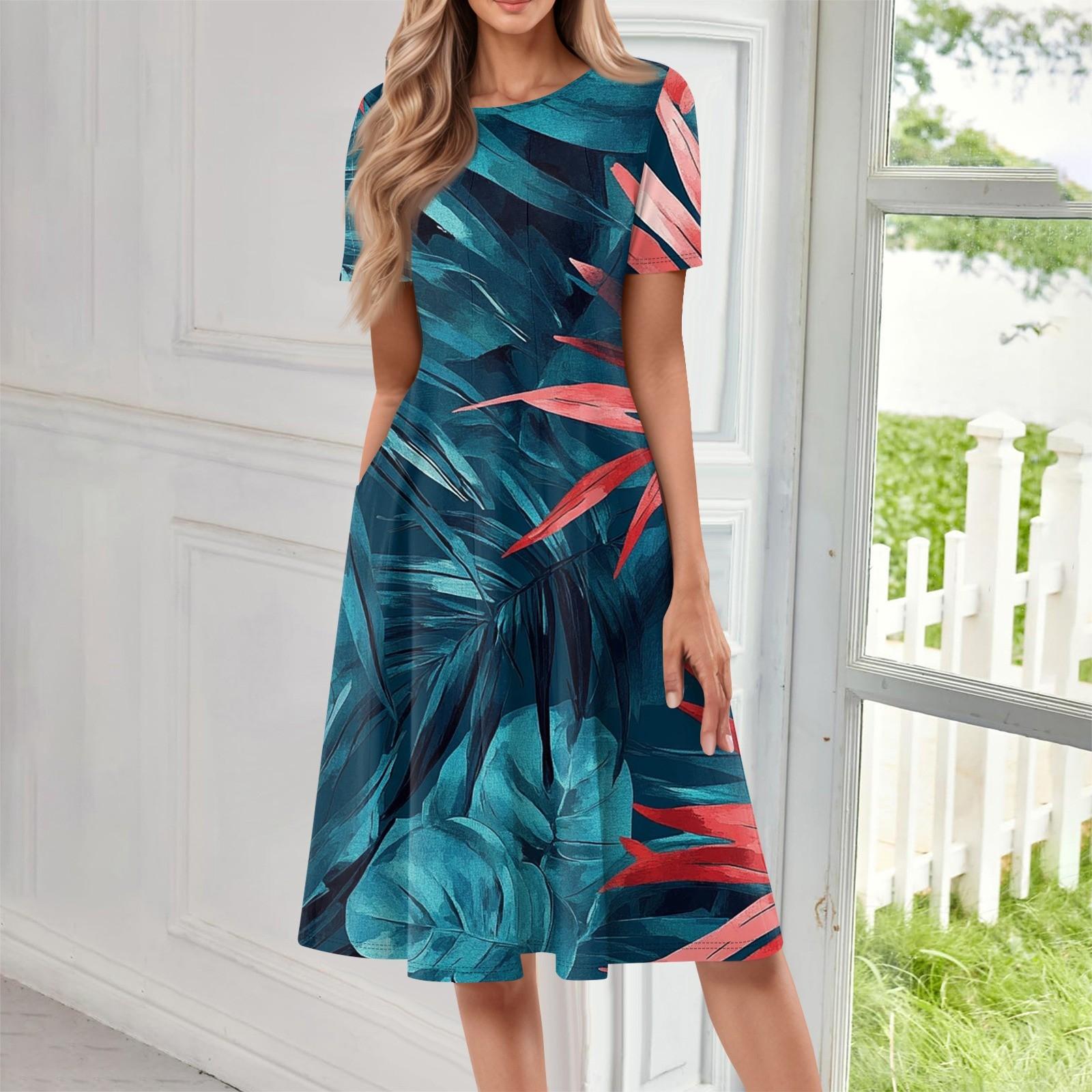 

Женское модное платье-пуловер с круглым вырезом и принтом, свободным коротким рукавом и карманом M