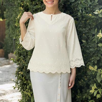 Women Casual Round Neck 3/4 Sleeve Loose Patchwork Blouse