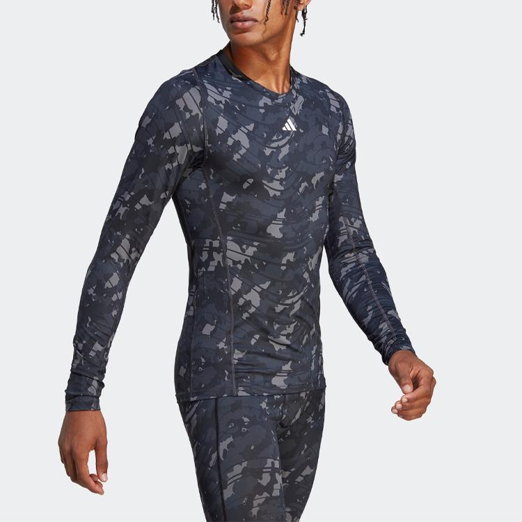 Adidas Techfit Allover Print Tee Logo Long Sleeve T-Shirt Men Tops Dark-Blue HS9797