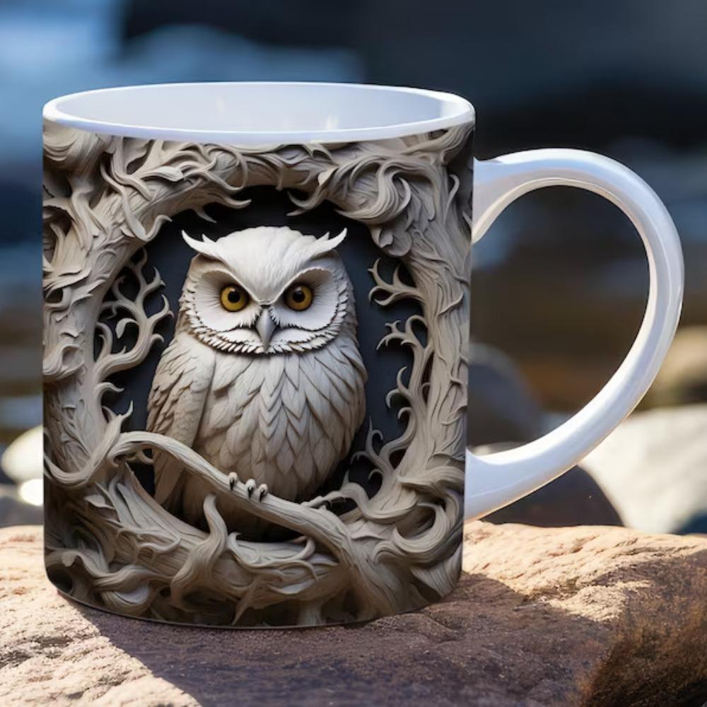 3D Owl, Ceramic Coffee Mug, Tea Cup, New Hole Wall, Cute Hole Wall