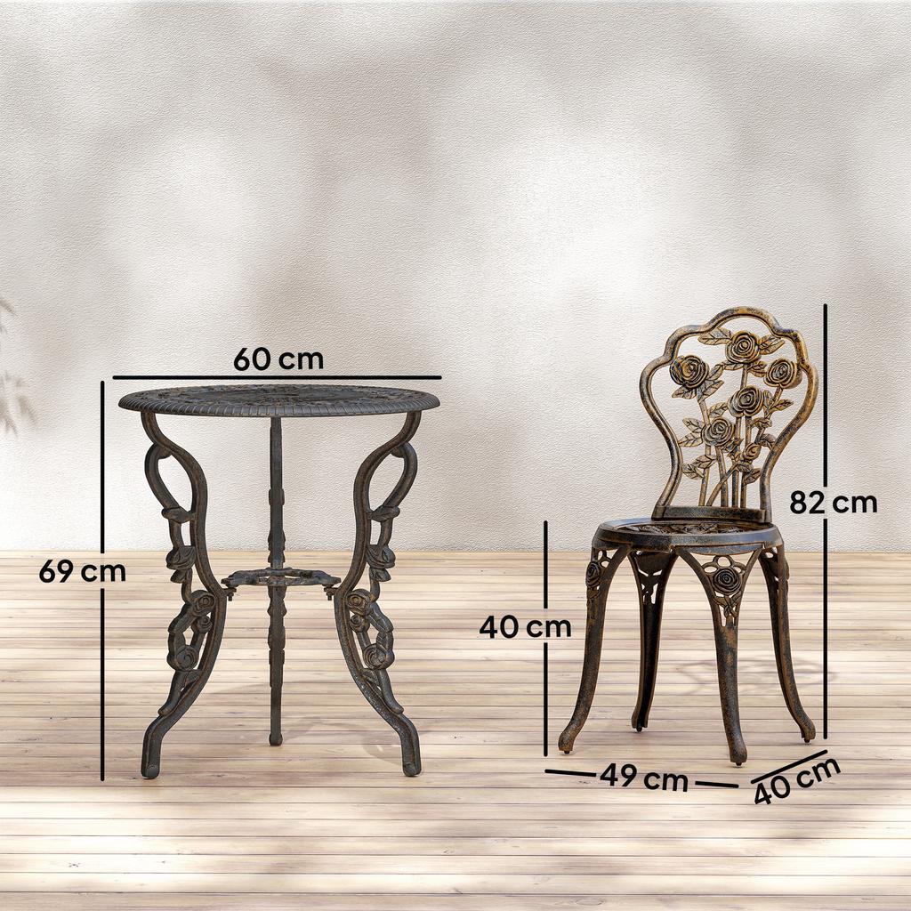 Outdoor Bistro Set Vintage Rose Design Patio Furniture Set with Round Table and 2 Chairs Metallic Finish