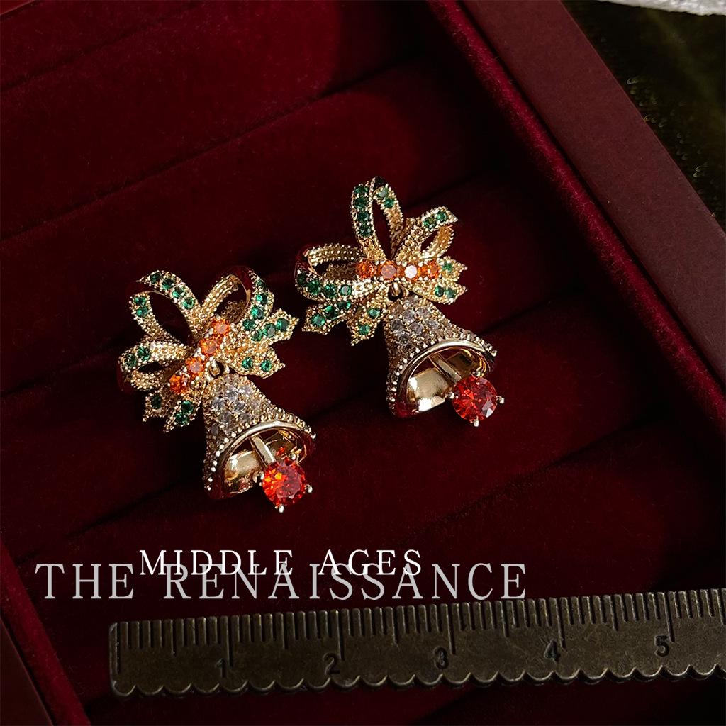 Christmas Vintage Pre-Owned Cubic Zirconia Bell Bow Earrings - Light Luxury Creative Jewelry