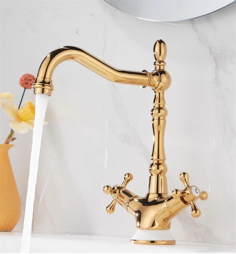 

Золотой смеситель для ванной комнаты, латунный керамический хромированный смеситель для раковины, смеситель для холодной и горячей воды, кран для раковины с двумя ручками, устанавливаемый на бортик золотой